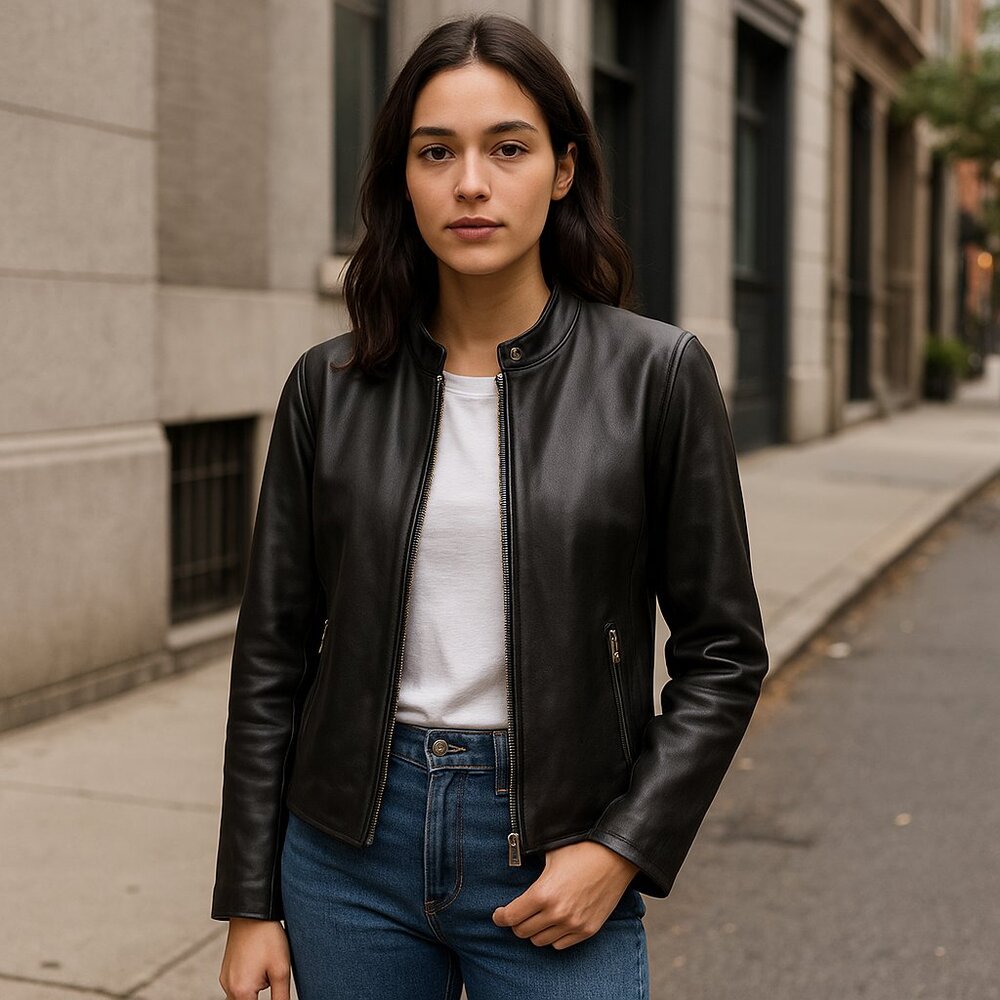 DKNY Black Leather Moto Jacket – Y2K Minimalist Classic – Size L